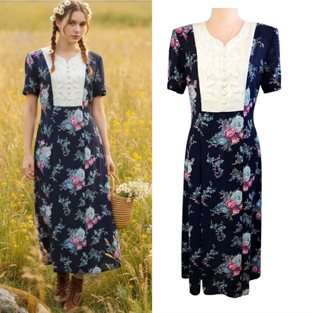 VTG 80s 90s Blue White Floral Bib Applique Cottagecore Maxi Dress Size 8